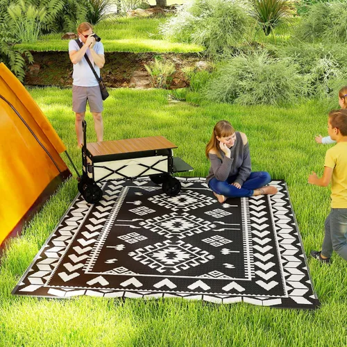 Vista 12 de Outsunny Alfombra de exterior para patio impermeable 9' x 18' rombo negro y Borde rombo negro y gris