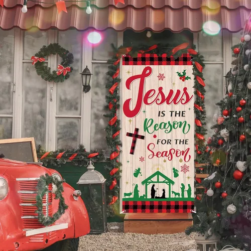 Vista 6 de Cubierta de puerta religiosa de Jesús de Navidad, telón de fondo para puerta de fiesta de Navidad con texto en inglés «Jesús es la razón