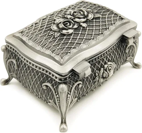 Vista 4 de Caja de música de metal de aleación en relieve, caja de música con movimiento dorado para Navidad, regalos únicos para mamá/papá/hija/hijo