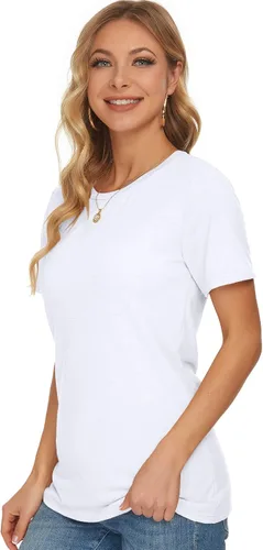 Vista 3 de WNEEDU Camisetas de manga corta para mujer, cuello redondo, holgadas, de verano, camisetas básicas
