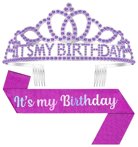 Vista 11 de Tiara de cumpleaños y corona con banda, tiara de cumpleaños para fiesta de mujeres (rosa)