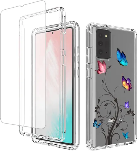 Vista 8 de Funda para Galaxy Note 20 5G, SM-N981U con protector de pantalla de vidrio templado, carcasa de cuerpo completo con diseño floral transparente