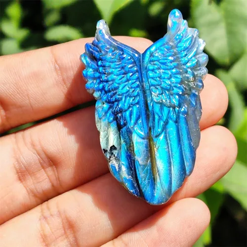Vista 6 de TEAMWILL Figuras de piedras preciosas de cristal de labradorita azul natural, alas de ángel, curación, reiki, energía, meditación, baño, sala