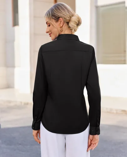Vista 2 de siliteelon Camisas con botones para mujer, con protección contra manchas, de manga larga, sin arrugas, blusas de oficina