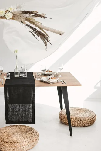 Vista 4 de Pure 100% Linen Table Runner - Thick 260-GSM 15x72-inch Black Table Runner - Natural Fiber Dining Table Runners