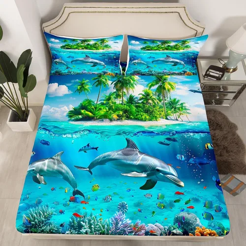 Vista 15 de Sábana bajera ajustable de tamaño individual para niños, diseño de animales marinos náuticos, juego de ropa de cama coral bajo el mar, juego de ropa