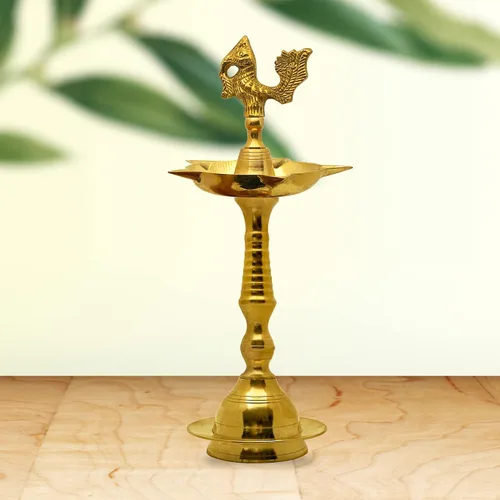 Vista 9 de SATVIK Juego de 2 piezas de 8.5 pulgadas de latón de pie con diseño de pavo real Kerala Samai Deepak Puja tradicional Panchmahal Pooja Deepam Diya