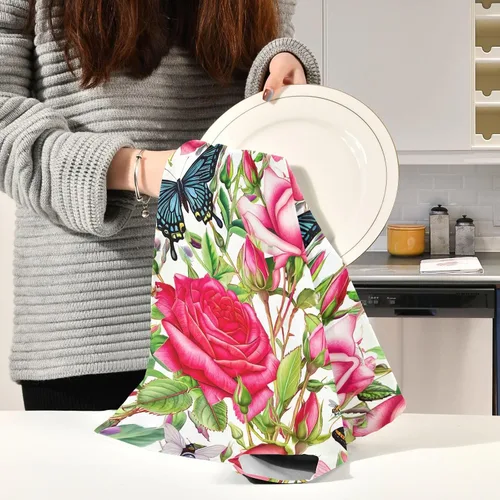 Vista 6 de Botanical Roses Butterflies Retro Tea Towels, 28x18 Absorbent Kitchen Towel Cute