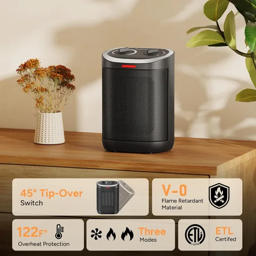 Vista 6 de Calentador de espacio pequeño, calentador portátil de cerámica de 1500 W para uso en interiores, protección de seguridad contra sobrecalentamiento