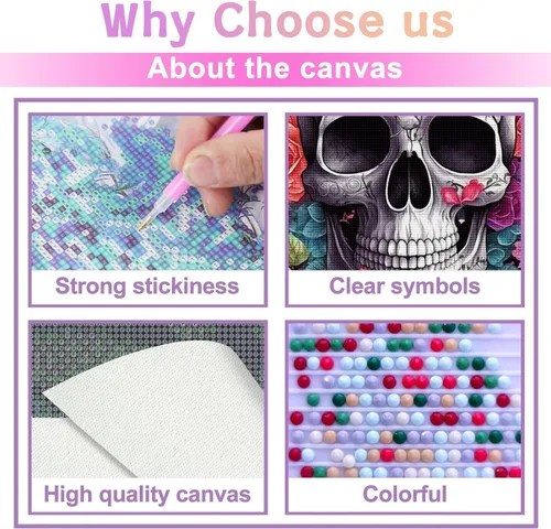Vista 4 de Kit de pinturas de diamantes 5D por números, pintura de cráneo con arte de diamantes, lienzo de diamante completo para decoración de pared
