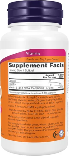 Vista 2 de NOW Suplementos, Vitamina E-1,000 UI Tocoferoles Mixtos, 50 Cápsulas Blandas