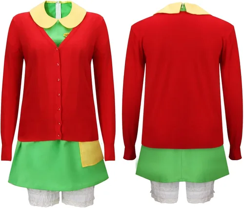 Vista 3 de ZIFUNMUR Women Girls Chilindrina Costume Green Dress Red Knit Cardigan Shorts Glasses Full Set Halloween Cosplay Outfit