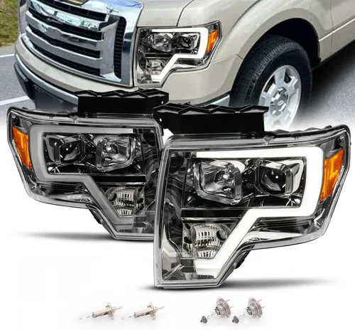 Vista 11 de AmeriLite para camioneta Ford F150 2009-2014, juego de faros delanteros LED de barra cuadrada, proyector halógeno negro, haz alto/bajo incluido
