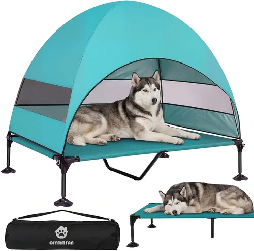 Vista 11 de Cama elevada para perros con toldo a prueba de rayos UV, tienda de campaña para perros al aire libre con potentes pies ajustables, cuna portátil