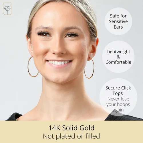 Vista 2 de Aretes de aro de oro macizo de 14 quilates para mujer, aretes de aro de oro amarillo o blanco de 14 quilates, aretes de oro real de 14 quilates