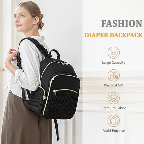 Vista 6 de miss fong Mochila para pañales – Bolsa de pañales para bebé con cambiador de pañales, mochila acolchada para pañales de viaje con 16 bolsillos Negro