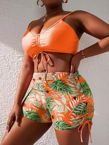 Vista 4 de MakeMeChic Traje de baño de 2 piezas para mujer, talla grande, estampado tropical, con cordón y push up, bikini
