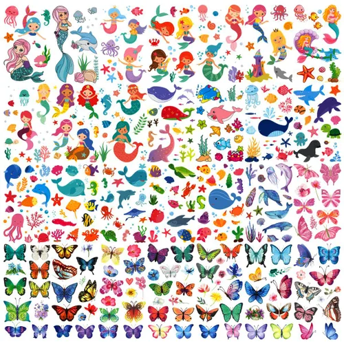 Vista 2 de 30 hojas (360 piezas) mariposas, sirena, animales marinos, tatuajes temporales impermeables para niños, tatuajes de dibujos animados de estilos