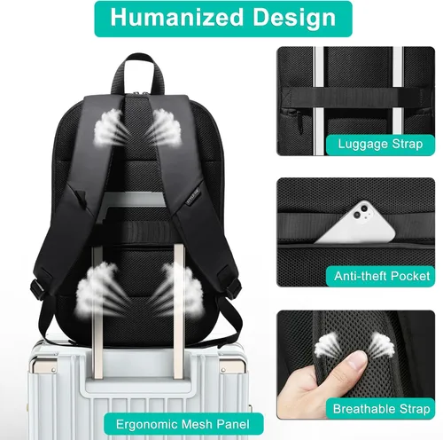 Vista 6 de hk Mochila de negocios para hombres de 17 pulgadas, delgada y expandible, impermeable, mochila de viaje para laptop con puerto de cargador USB, Negro