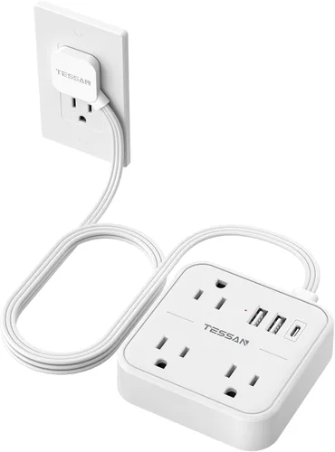 Vista 11 de TESSAN - Cable de extensión plano ultradelgado de 5 pies, color negro Slim Power Strip with USB Ports (1 USB C), Surge Protector, Flat Plug Wall