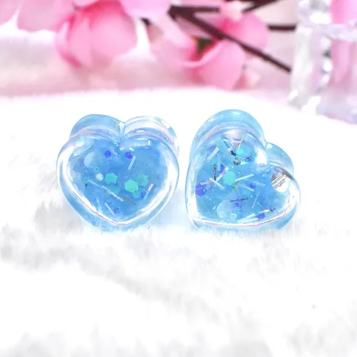 Vista 3 de 6 unids3 pares brillando Paillette en forma de corazón medidores de oreja túneles y enchufe acrílico dilatador de oreja Stud estirando