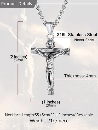 Vista 5 de U7 Colgante de cruz de crucifijo para hombre con cadena de bautismo, joyería cristiana, acero inoxidable, oro de 18 quilates, collar antiguo