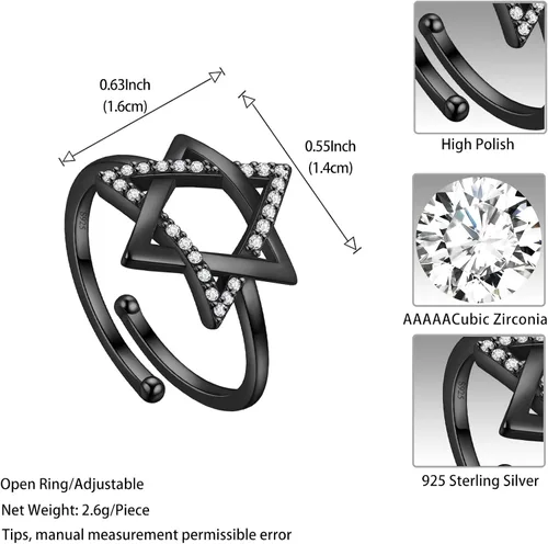Vista 13 de Jewmon Anillo de plata de ley con estrella de David para mujer – Anillo ajustable Magen David – Amuleto Wicca – Regalos judíos