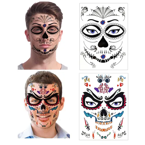 Vista 3 de Tatuajes faciales temporales de Halloween (paquete de 8 unidades), Konsait Día de los Muertos, calavera de azúcar, floral, negro, esqueleto, red