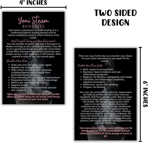 Vista 3 de Boutique Marketing LLC Yoni Steam Benefits Infocards Paquete de 30 Tamaño de postal grande de 4 x 6 pulgadas Negro con diseño de vapor negro