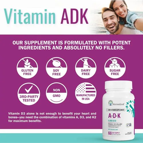 Vista 7 de NatureGenX ADK Suplemento vitamínico de 5000 UI – Vitaminas A, D3 y K2 de alta potencia para la salud ósea y absorción de calcio Suplemento