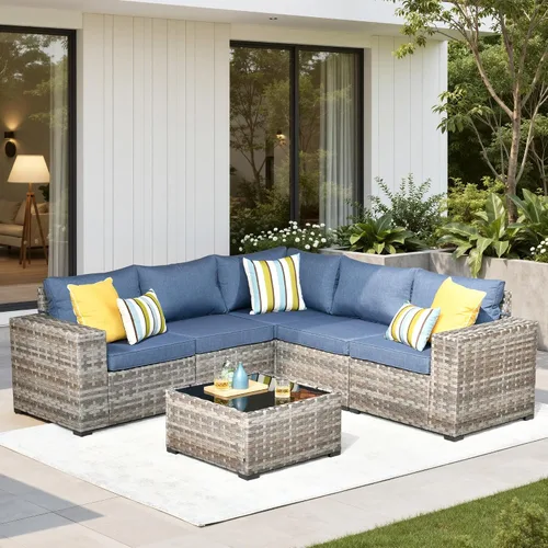 Vista 25 de Juego de muebles de patio de 6 piezas, sofá modular de mimbre para exteriores con mesa auxiliar, cómodos cojines, moderno sofá modular de ratán