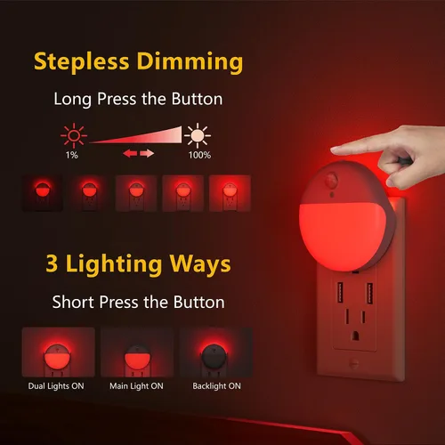 Vista 5 de YUNLEX Paquete de 2 luces nocturnas rojas enchufables con sensor de movimiento y sensor de atardecer a amanecer, 3 modos, brillo suave, 0% luz azul