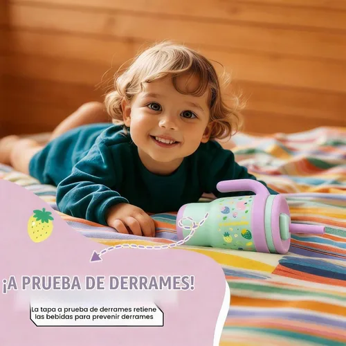 Vista 5 de KXIAOCHEN Vaso para niños de 14 onzas con asa para evitar derrames, vaso aislado reutilizable de acero inoxidable para niños pequeños, mantiene