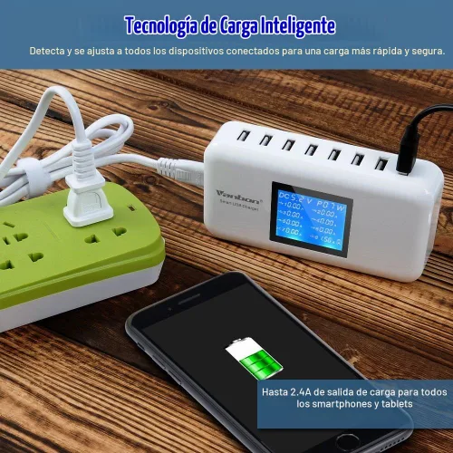 Vista 4 de Cargador de pared USB de 60 W y 8 puertos, estación de carga con cargador USB multipuerto W/LCD compatible con teléfonos inteligentes, tabletas