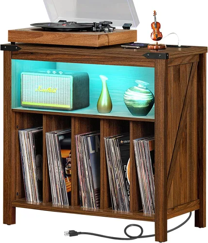 Vista 10 de Soporte grande para tocadiscos con estación de carga y luces LED, soporte de almacenamiento de discos de vinilo negro con capacidad para hasta 230