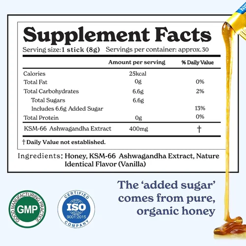 Vista 2 de Better Alt KSM 66 Ashwagandha Honey Sticks Miel orgánica multiflora del Himalaya Ayuda a promover la relajación, la concentración Suplemento