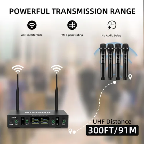 Vista 2 de Sistemas de micrófono inalámbrico UHF, juego de micrófono dinámico inalámbrico de 4 canales, conexión automática de transmisión de rango de 300 pies