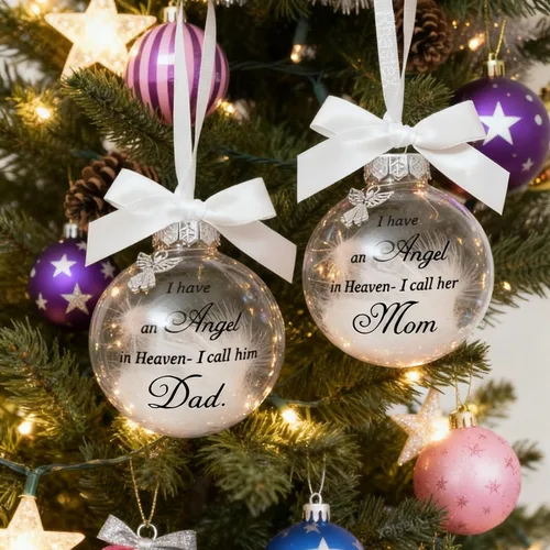 Vista 5 de Adornos de bola para árbol de Navidad, bola de plumas transparente, adorno conmemorativo de ángel, tengo un ángel en el cielo, lo llamo papá