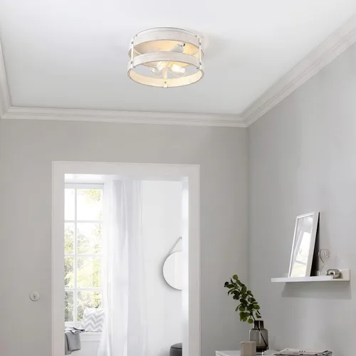 Vista 2 de Moderno de granja ?Blanco antiguo con aspecto desgastado lámpara de techo empotrada de 2 luces lámpara de techo de tambo de madera montaje