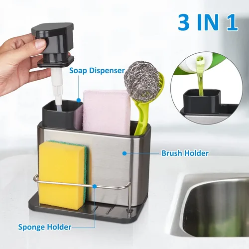Vista 2 de RedCall Dispensador de jabón para fregadero de cocina, soporte de esponja 3 en 1 para fregadero de cocina, organizador de fregadero de cocina
