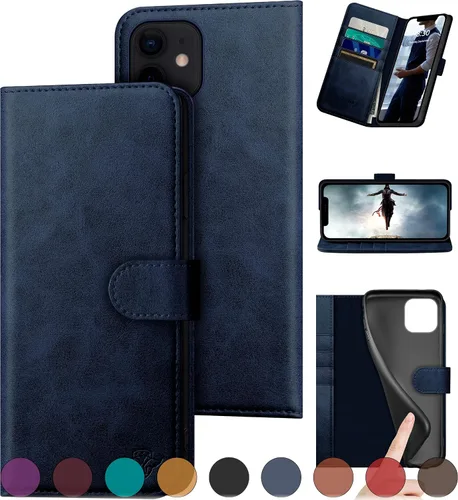 Vista 13 de DuckSky Funda tipo cartera de piel auténtica para iPhone 11 con bloqueo RFID, 4 tarjeteros de crédito. Cuero auténtico. Funda protectora para iPhone
