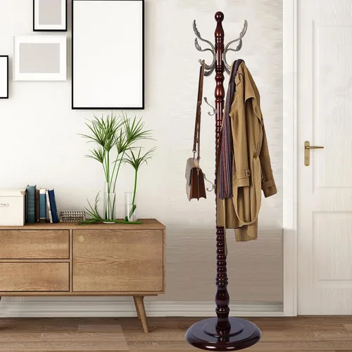 Vista 9 de Percheros independientes con 14 ganchos, soportes de madera natural para entrada, altura ajustable de 73 pulgadas, perchero de árbol para pasillo