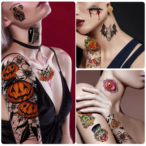 Vista 4 de Yazhiji 40 hojas de tatuajes temporales de Halloween, calabaza, bruja, azúcar, cráneo, tatuajes familiares, para mujeres, hombres, niños y niñas