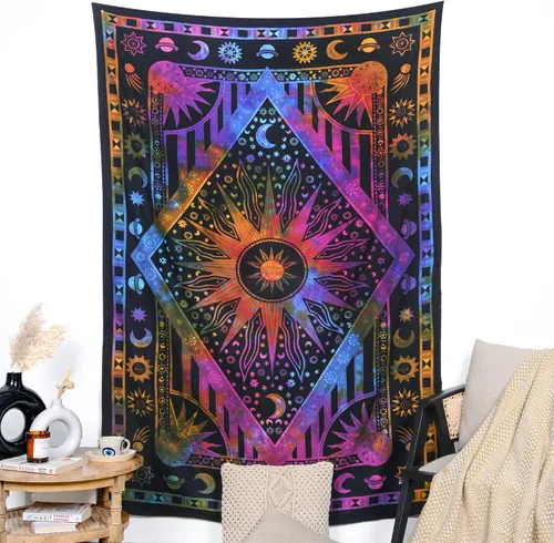 Vista 7 de RAJRANG BRINGING RAJASTHAN TO YOU Tapiz de sol ardiente para dormitorio, sala de estar y dormitorio, luna celestial, estrella, planeta, espiritual