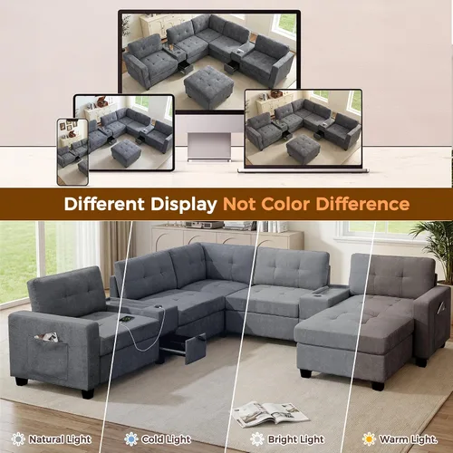 Vista 47 de Sofá modular de 103 pulgadas con 2 consolas acrílicas, juego de sofá en forma de U de gran tamaño con cargador USB, cajones de almacenamiento, Beige