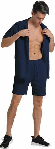 Vista 14 de RPOVIG Conjunto corto de camisa de lino: conjunto casual de 2 piezas con botones para hombre