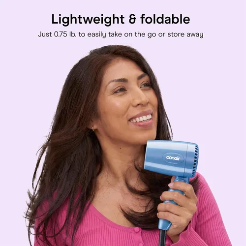 Vista 5 de Conair Secadora plegable, secadora plegable, azul, paquete de de 1, Azul Secador compacto de viaje de 1600 W con mango plegable y doble voltaje
