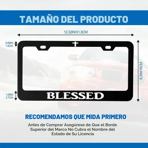 Vista 2 de Divertido marco de aluminio de metal para placa de matrícula con textos humorísticos, cubierta de automóvil Blessed Christian Black con 2 agujeros