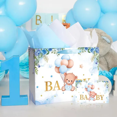 Vista 7 de Plauthus Bolsas de regalo grandes para bebé de 13 pulgadas con papel de seda y tarjeta de felicitación (oso de balón y floral), bolsas de regalo
