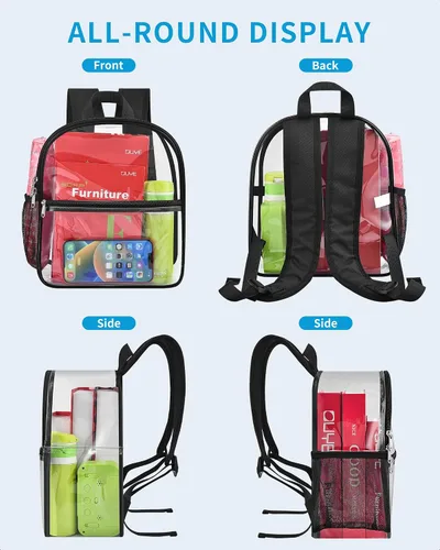 Vista 6 de Mini mochila transparente aprobada para estadios con correa ajustable, impermeable, transparente, PVC para trabajo, viajes, conciertos, playa